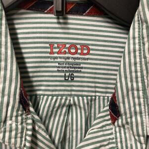Izod Shirt Mens Large Green White Stripes Long Sleeve Button Down